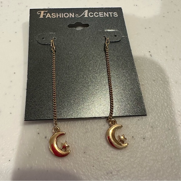 NWT 2 Pair of Fashion Accents Earrings gold tone dangles, moon, rhinestones - Picture 7 of 12